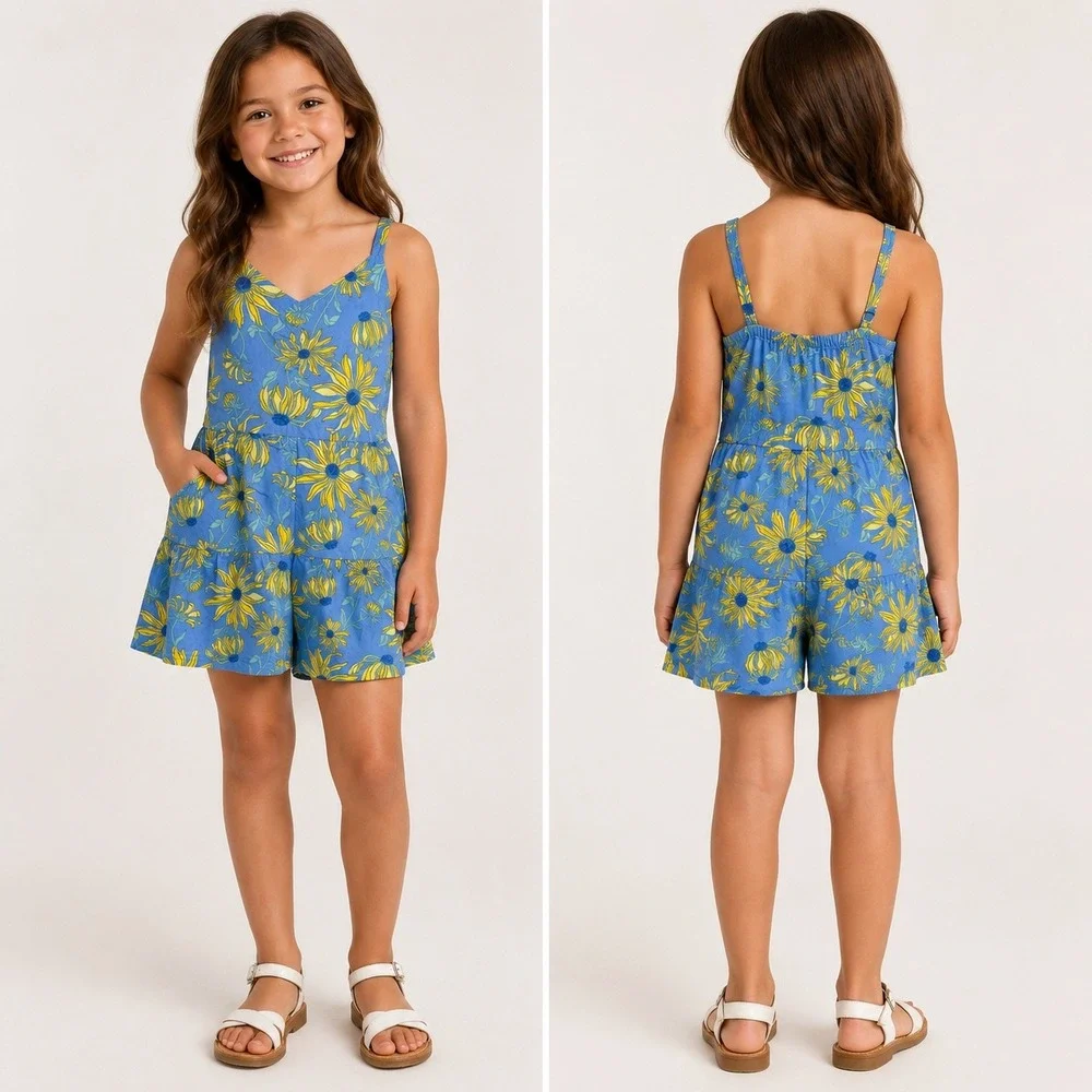Tommy Bahama Romper Girls M 7/8 Blue Yellow Floral Sunflower Smocked Tiered